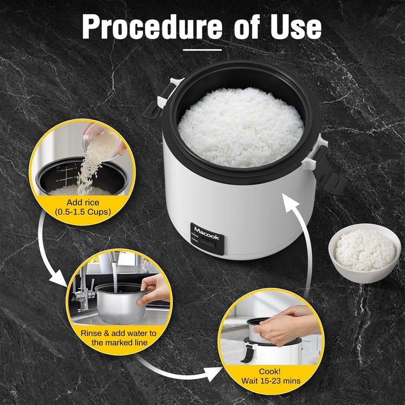 Macook Mini Rice Cooker 1-1.5 Cups Uncooked(3 Cups Cooked), Rice Cooker Small with Bento Box, Removable Nonstick Pot, One Touch&Keep Warm Function, Portable Cooker for Soup Grain Oatmeal Veggie, Black - Image 3